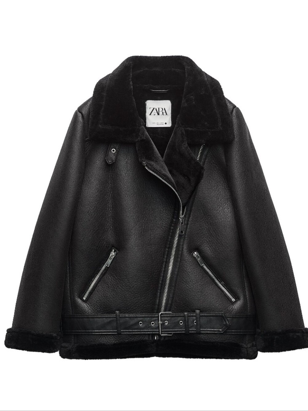 Zara Black Faux Shearling Moto Puffer Jacket Size S